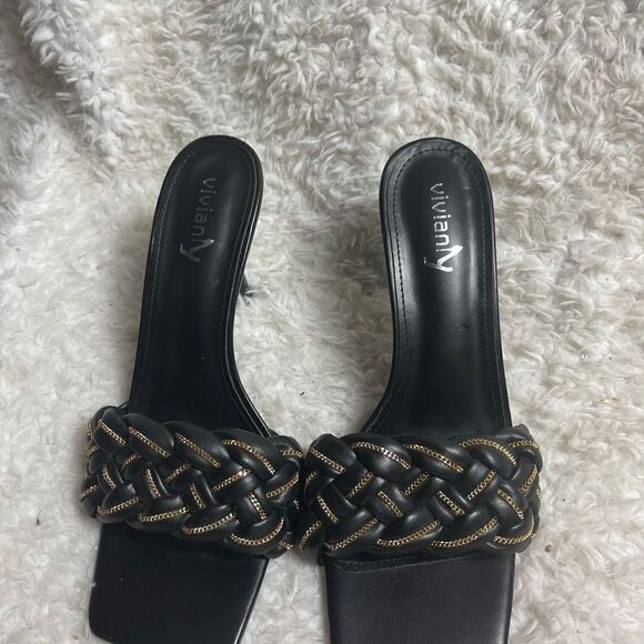 Vivianly Black slip on heels sandals with gold tone chain accent size 11 - Picture 3 of 9